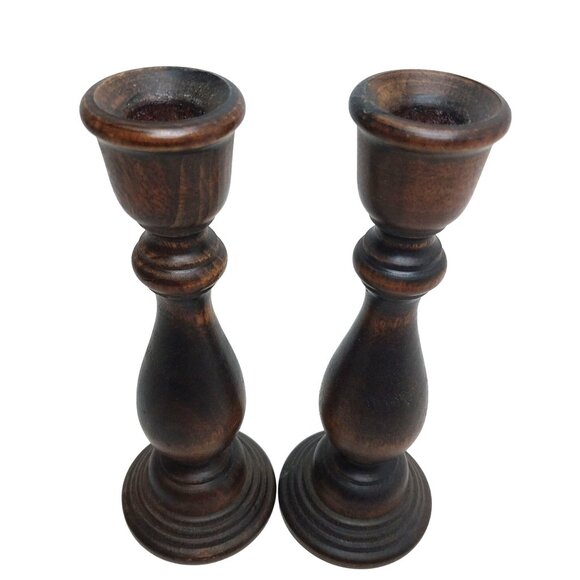 Handcrafted Wooden Rustic Candlesticks 7-Inch Tall Green Felt Base Set of 2 - Picture 2 of 6